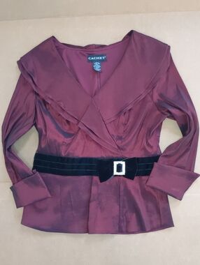 Cachet Burgundy Satin Blouse with Black Velvet Rhinestone Belt